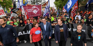 ETU leader Troy Grey (left) and ACTU secretary Sally McManus (right) with Premier Daniel Andrews (middle) at a union rally in Melbourne in January.