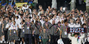 Athletes of South Africa enter the stadium during the Commonwealth Games opening ceremony.