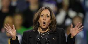 Harris speaks at a campaign rally at Erie Insurance Arena,in Erie,Pennsylvania