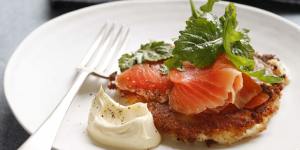 Mashed potato cakes with smoked trout.