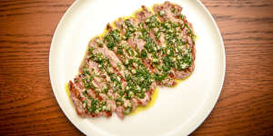 Veal minute steak with salsa verde pepped up with white anchovies.