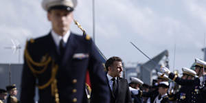 French President Emmanuel Macron visiting a nuclear submarine base in Crozon,northwest France,last month.