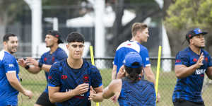 Blaize Talagi works with Jarome Luai in Samoan camp.