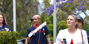 Janet Reah led staff at a rally at parliament house in November 2022,calling for better pay.