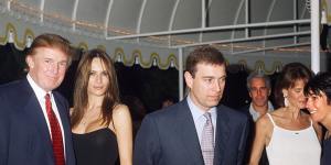 Prince Andrew,Jeffrey Epstein (at rear) and Ghislaine Maxwell (at far right) in 2000.