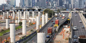 Pylons for the elevated freeway over Footscray Road,as part of the West Gate Tunnel project.