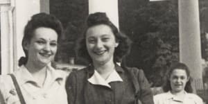 Mira Unreich (left) with a friend in Europe in the late 1940s.