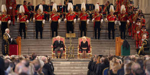 King Charles III and Camilla,Queen Consort,inside the historic Westminster Hall.