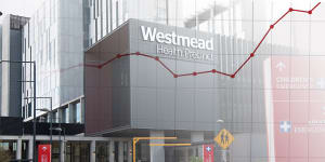 Composite - Westmead Hospital,Westmead. Sydney. COVID-19 Coronavirus. 3rd July 2021 Photo Louise Kennerley SMH with graphic of hospital wait lists