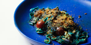 Blue spirulina tagliatelle is pliable and silky. 