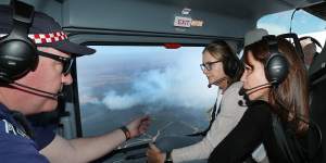Jacinta Allan flew over the bushfire north of Beaufort on Saturday with CFA chief officer Jason Heffernan and Emergency Services Minister Jaclyn Symes.