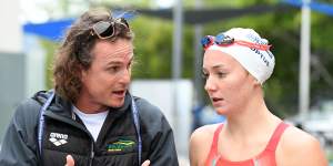 Intense character:Dean Boxall and Ariarne Titmus during a Dolphins team training camp in Cairns last year.