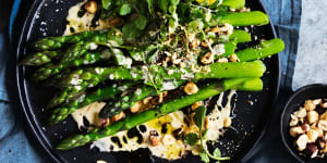 Neil Perry's asparagus and hazelnut salad with creamy anchovy,chili and lemon.
