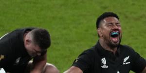 Ardie Savea celebrates the All Blacks’ win over Ireland in the World Cup quarter-finals.