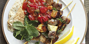 Summer skewers:Lamb with haloumi and fast tomato sugo.