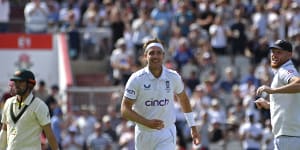 England’s Stuart Broad celebrates his 600th Test wicket.