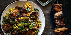 Chicken skewers with jalapeno jam and corn. Footy food recipes for Good Food September 2018. Please credit Katrina Meynink.
