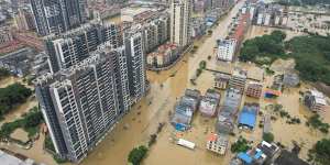 Qingyuan city,in China’s southern Guangdong province after days of heavy rains on Monday.