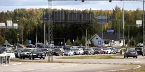 Cars queue to cross the border from Russia to Finland at the Nuijamaa border check point in Lappeenranta,Finland.