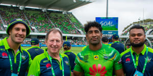 Peter Mulholland,second from left,with Canberra Raiders players Michael Oldfield,Sia Soliola and Dunamis Lui.