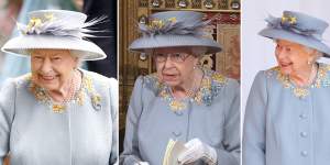 Queen Elizabeth II wearing the same grey coat on three occasions (from left),at Ascot in 2019 and in 2021,at the opening of parliament and at the Trooping of the Colour celebrations. The Queen often had outfits altered,like this one,in between public appearances to keep them fresh.