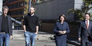 Atlassian co-founders Scott Farquhar and Mike Cannon-Brookes along with NSW Premier Gladys Berejiklian and NSW Jobs Minister Stuart Ayres.