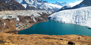 Gokyo village and Ngozumba glacier from Gokyo Ri.