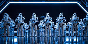 Fifty menacing Stormtroopers await guests as they arrive in the hangar,part of Star Wars:Rise of the Resistance.