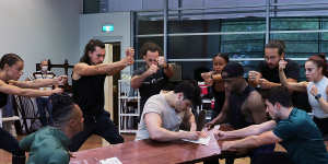 Jason Arrow (centre) and members of the Australian cast of Hamilton during rehearsals in Sydney in 2021.