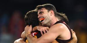 Hawthorn players celebrate their upset win over the Bulldogs,coming from behind twice to snatch a win. 