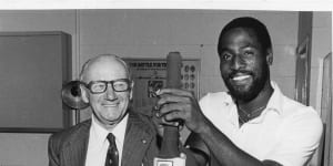 Sir Don Bradman and West Indies cricketer Viv Richards in Adelaide in 1981.