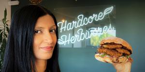 Shama Sukul Lee,the founder of Sunfed,with a burger made using her chicken free chicken product.