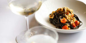 Squid ink linguine alla bussara. 