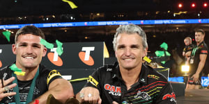 Nathan and Ivan Cleary with the Provan-Summons trophy.
