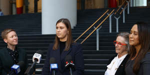 Former Political Staffer Brittany Higgins speaks to the media after meeting with Prime Minister Scott Morrison at the CPO in Sydney on April 30,2021