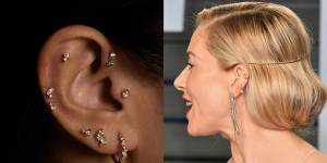 Fine jeweller Sarah&Sebastian offers individual,anatomy-specific ear styling. Right:British actor Sienna Miller wears an understated yet elegant stack. 