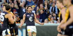 Carlton's Jarrad Waite roars after a goal against Richmond on Sunday.