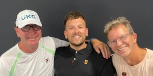 Crowe (right) with Ash Barty’s coach Craig Tyzzer and Dylan Alcott.
