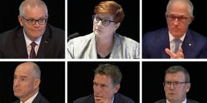 The royal commission into the robo-debt scheme featured a line-up of former Liberal frontbenchers (clockwise from top left):Scott Morrison,Marise Payne,Malcolm Turnbull,Alan Tudge,Christian Porter and Stuart Robert.