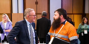 Jobs and Skills summit at Parliament House,Canberra. Thursday 1st September 2022. Photograph by James Brickwood. SMH NEWS 220901. Australian prime minister Anthony Albanese and Steve Fordham - MD of Blackrock Industries 