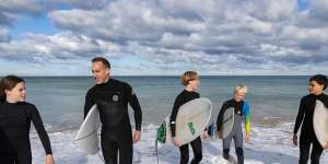 Surf Coast Secondary College principal Shane Elevato with students (from left) Maggie O’Brien,Will Wyllie,Nainoa Le Nevez and Thorson Crawley.