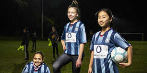 Under-12 footballers Samaira Bagga,Charlotte Keller and Casey Ahn.
