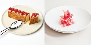 Kaya jam parfait at Aru in Melbourne (left) and labne,rhubarb and Davidson plum dessert from Berowra Waters Inn.