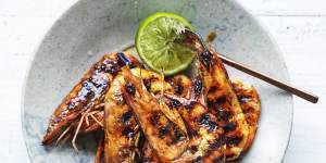 Sour tamarind and fragrant makrut lime are perfect marinade ingredients for prawns and other seafood. Serve the prawns with a squeeze of fresh lime,too.
