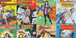 Wonder Woman through the ages (top,from left):1942,1951,1968,1974;(bottom,from left) 1986,1996,2002,2020. 