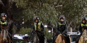 Mounted police at Monash University on Monday night.