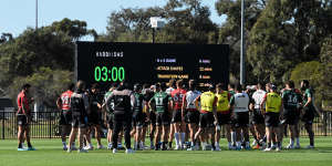 South Sydney players gather at training on Wednesday,a tumultuous morning for the club.