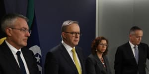Attorney-General Mark Dreyfus,Prime Minister Anthony Albanese,Social Services Minister Amanda Rishworth and Government Services Minister Bill Shorten announcing the royal commission.