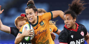 SYDNEY,AUSTRALIA - MAY 11:Maya Stewart of the Wallaroos makes a break during the 2024 Pacific Four Series match between Australian Wallaroos and Canada at Allianz Stadium on May 11,2024 in Sydney,Australia. (Photo by Matt King/Getty Images) .