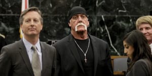 Hulk Hogan,centre,was secretly bankrolled by a billionaire in a $US140 million privacy claim that bankrupted an American news site.